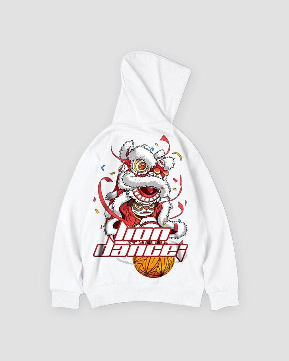 White lion dance print hoodie, back view with the lion head over an orange ball