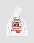 White lion dance print hoodie, back view with the lion head over an orange ball