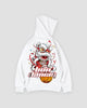 White lion dance print hoodie, back view with the lion head over an orange ball