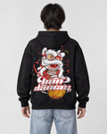 Model wearing the black lion dance hoodie, back view of the white and red lion print