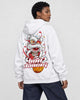 Model wearing the white lion dance hoodie, three-quarter back view