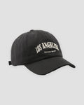 Black Los Angeles dad cap, three-quarter view, off-white arched lettering