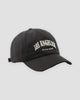 Black Los Angeles dad cap, three-quarter view, off-white arched lettering