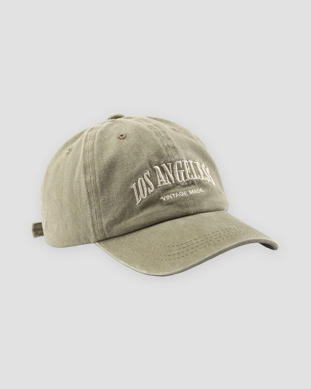 Washed khaki Los Angeles dad cap, three-quarter view