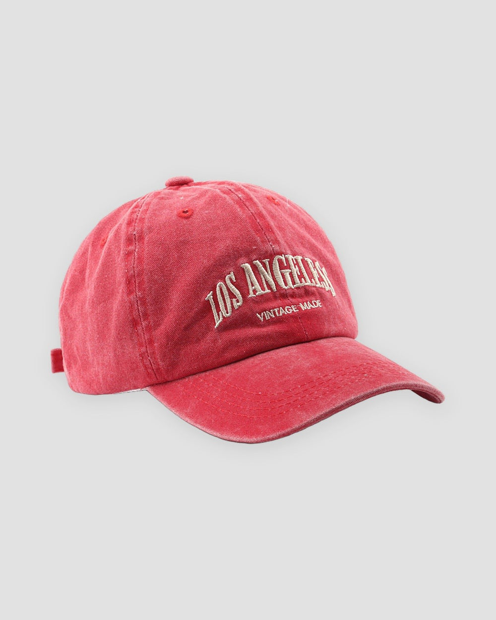 Washed red Los Angeles dad cap, three-quarter view