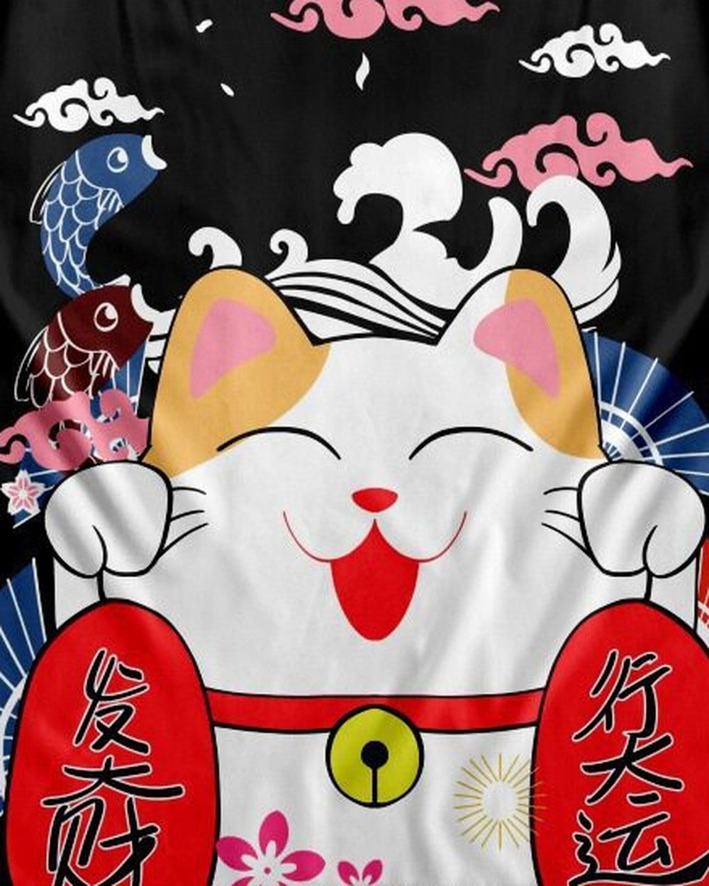 Close-up of the lucky cat, red banners and blue wave print