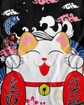 Close-up of the lucky cat, red banners and blue wave print