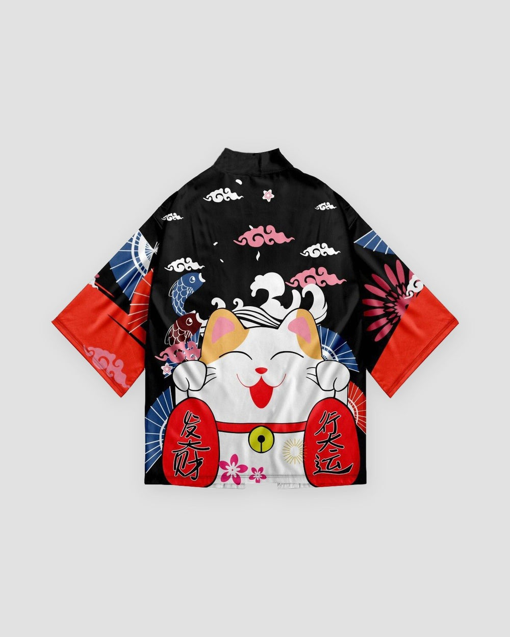 Black and red haori, back view with a white lucky cat holding red banners