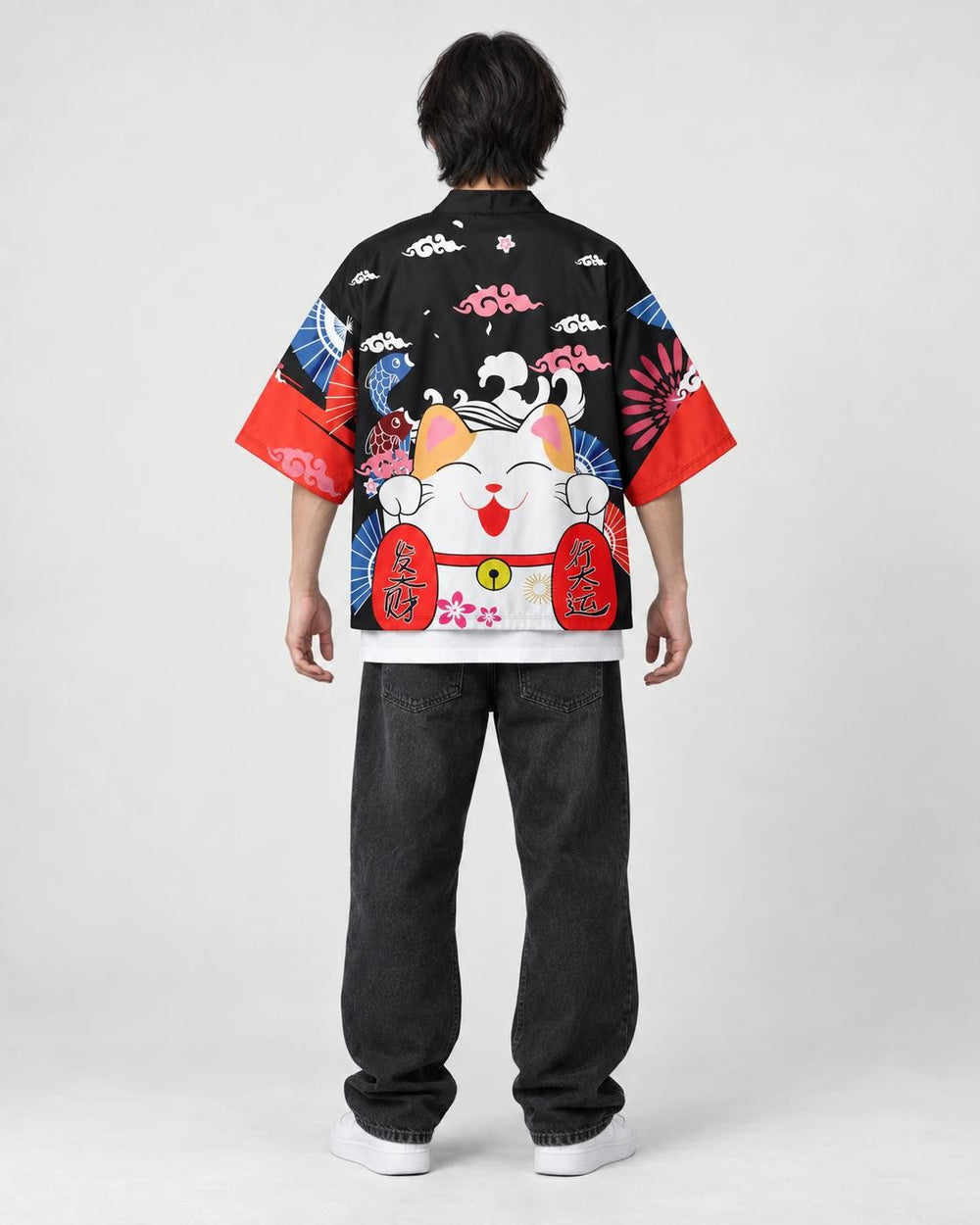 Model wearing the lucky cat print haori, back view