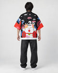 Model wearing the lucky cat print haori, back view