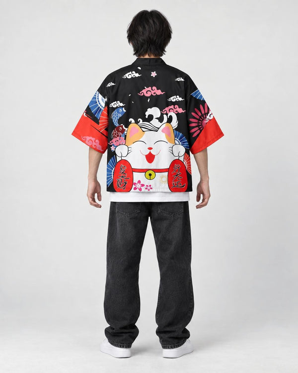 Model wearing the lucky cat print haori, back view