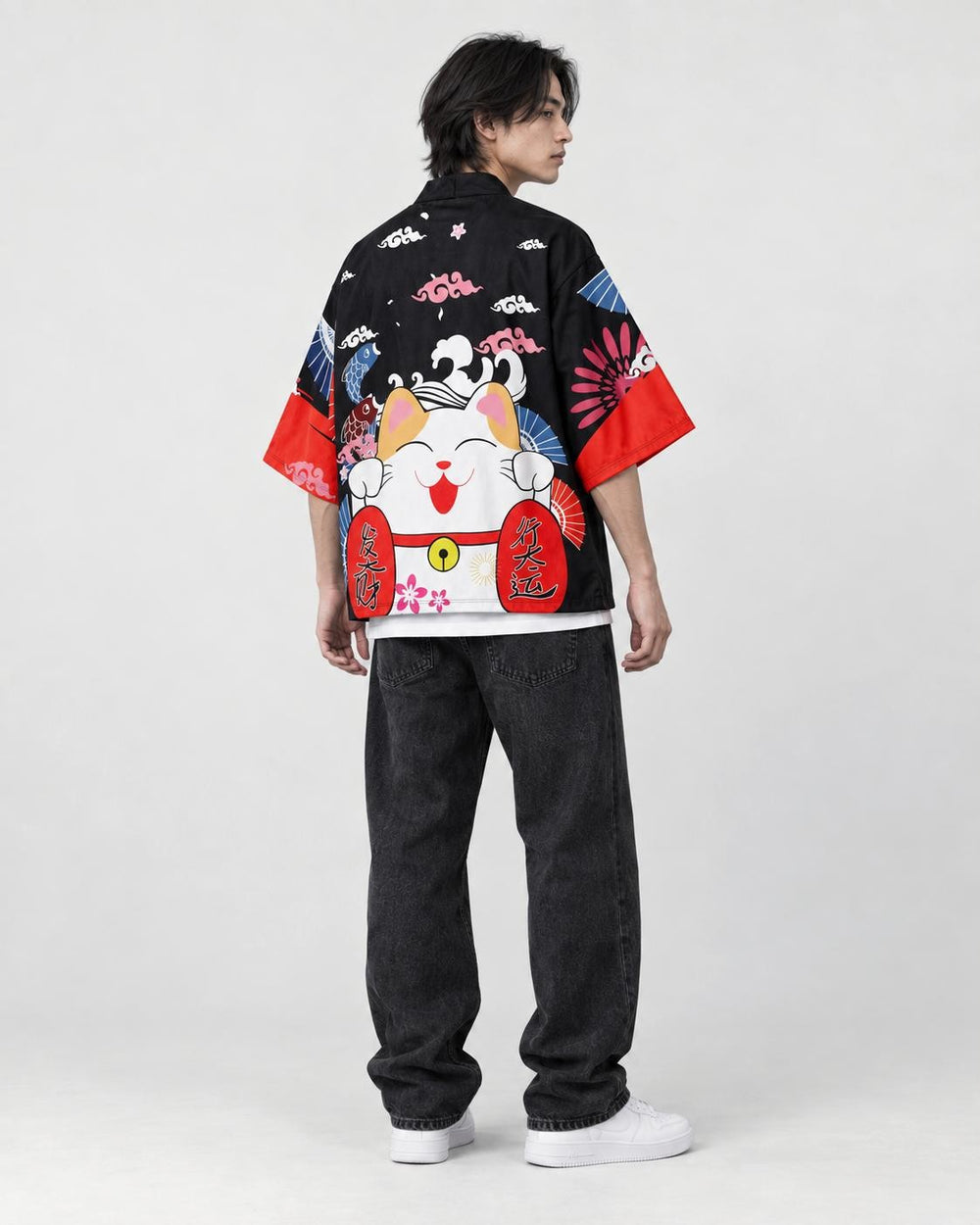 Model wearing the lucky cat haori, three-quarter back view