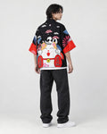 Model wearing the lucky cat haori, three-quarter back view