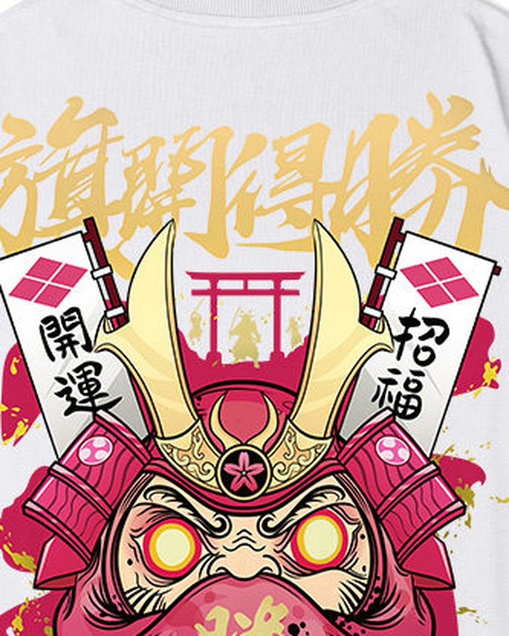 Close-up of the daruma print with 開運 and 招福 banners and a red torii gate