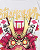 Close-up of the daruma print with 開運 and 招福 banners and a red torii gate