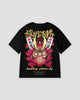 Black daruma T-shirt, back view, daruma in a gold kabuto helmet with gold lettering