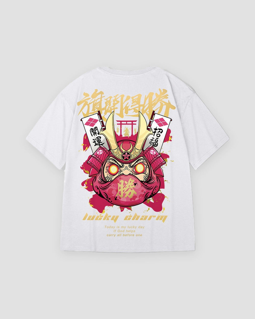 White daruma T-shirt, back view, pink daruma print with gold lettering