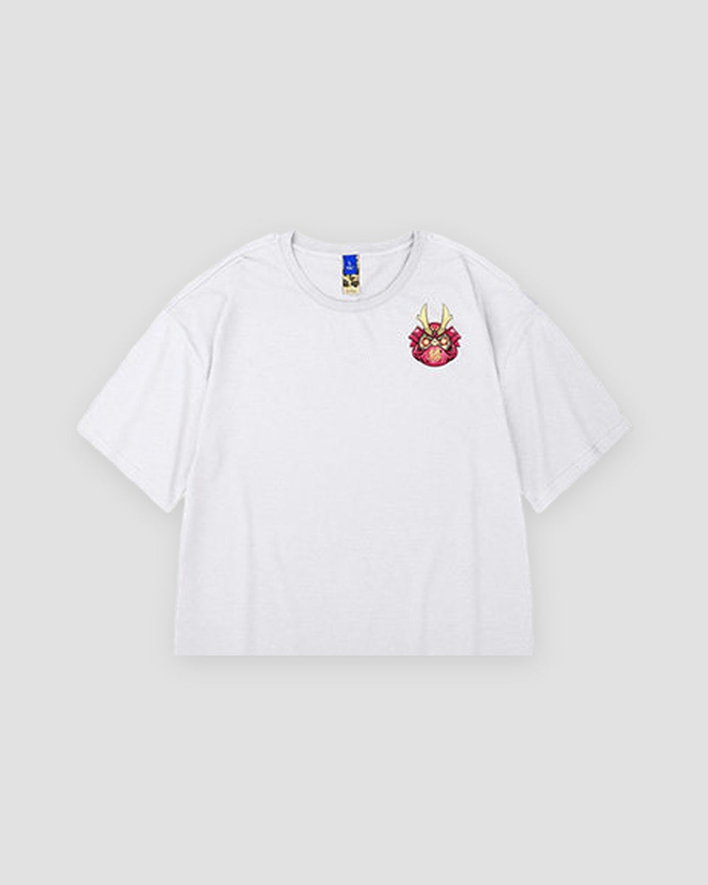 White daruma T-shirt, front view, small daruma print on the left chest