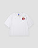 White daruma T-shirt, front view, small daruma print on the left chest