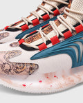 Close-up of the knit upper, laces and marble print on the beige sneaker