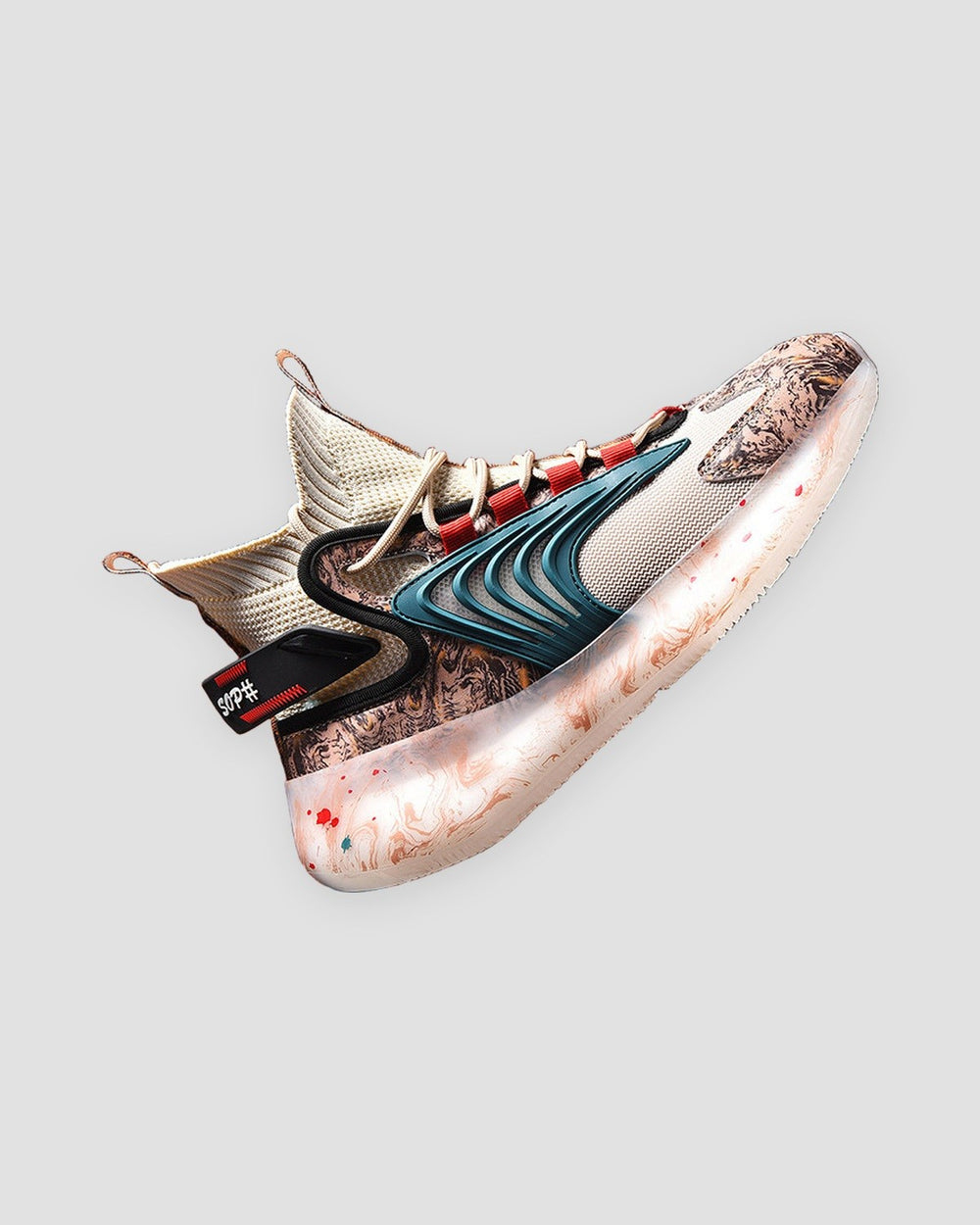 Beige high-top knit sneaker with a teal wing overlay and a marble print sole, side view