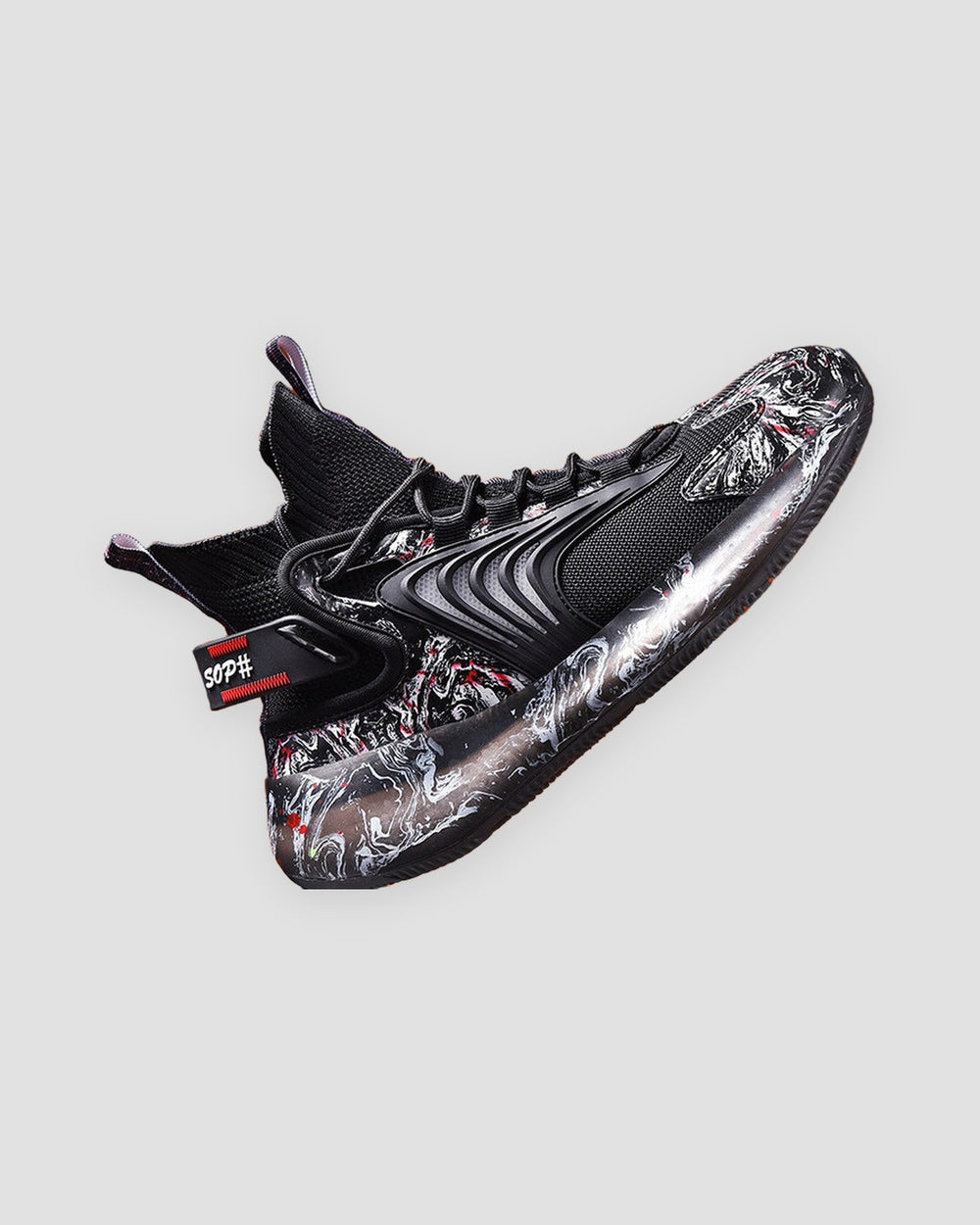 Black high-top knit sneaker with a marble graffiti print sole, side view