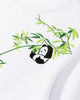 Close-up of the bamboo sprig and panda embroidered on the shoulder and chest of the white T-shirt
