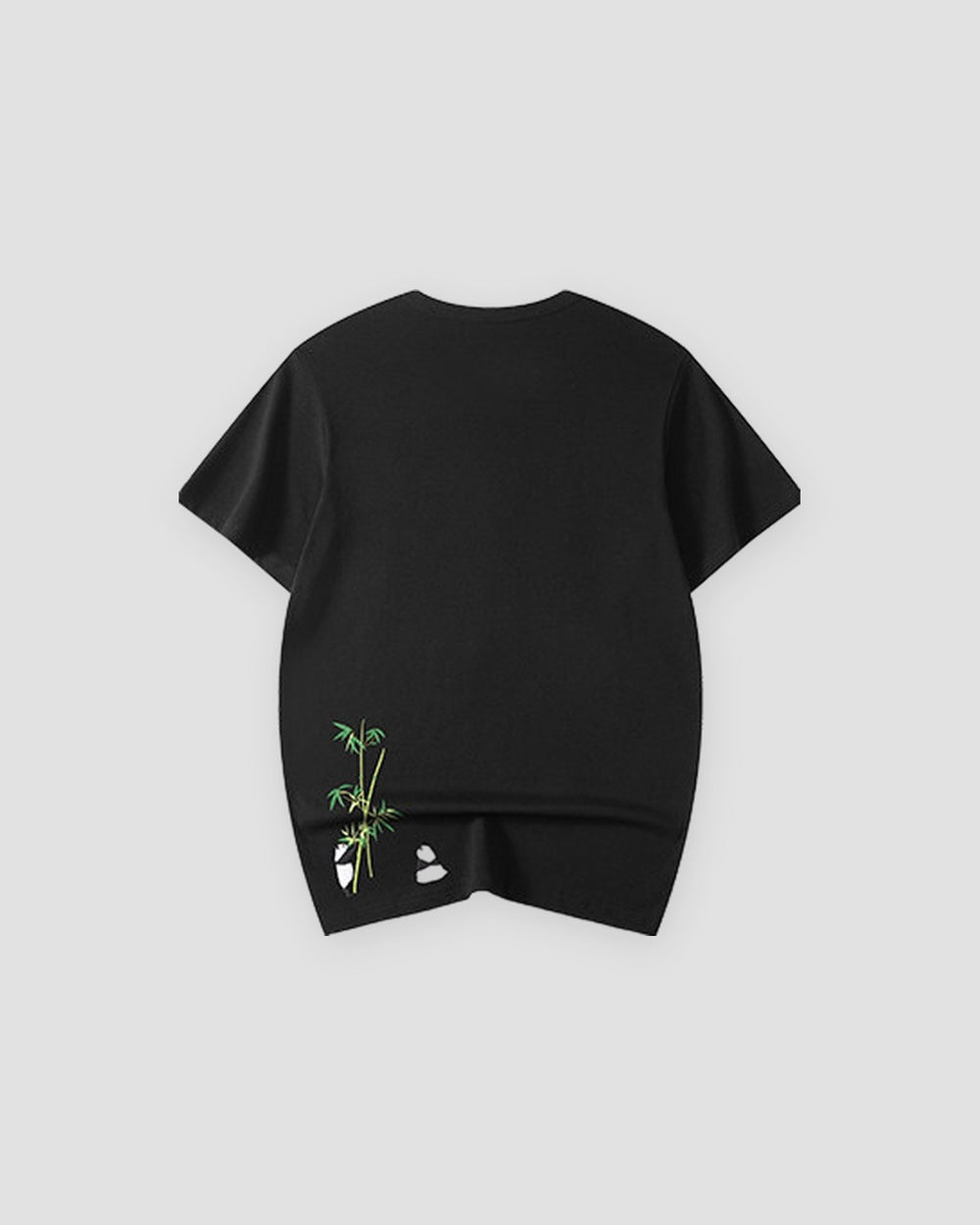 Back of the black T-shirt, plain except for the bamboo and two pandas embroidered low near the hem