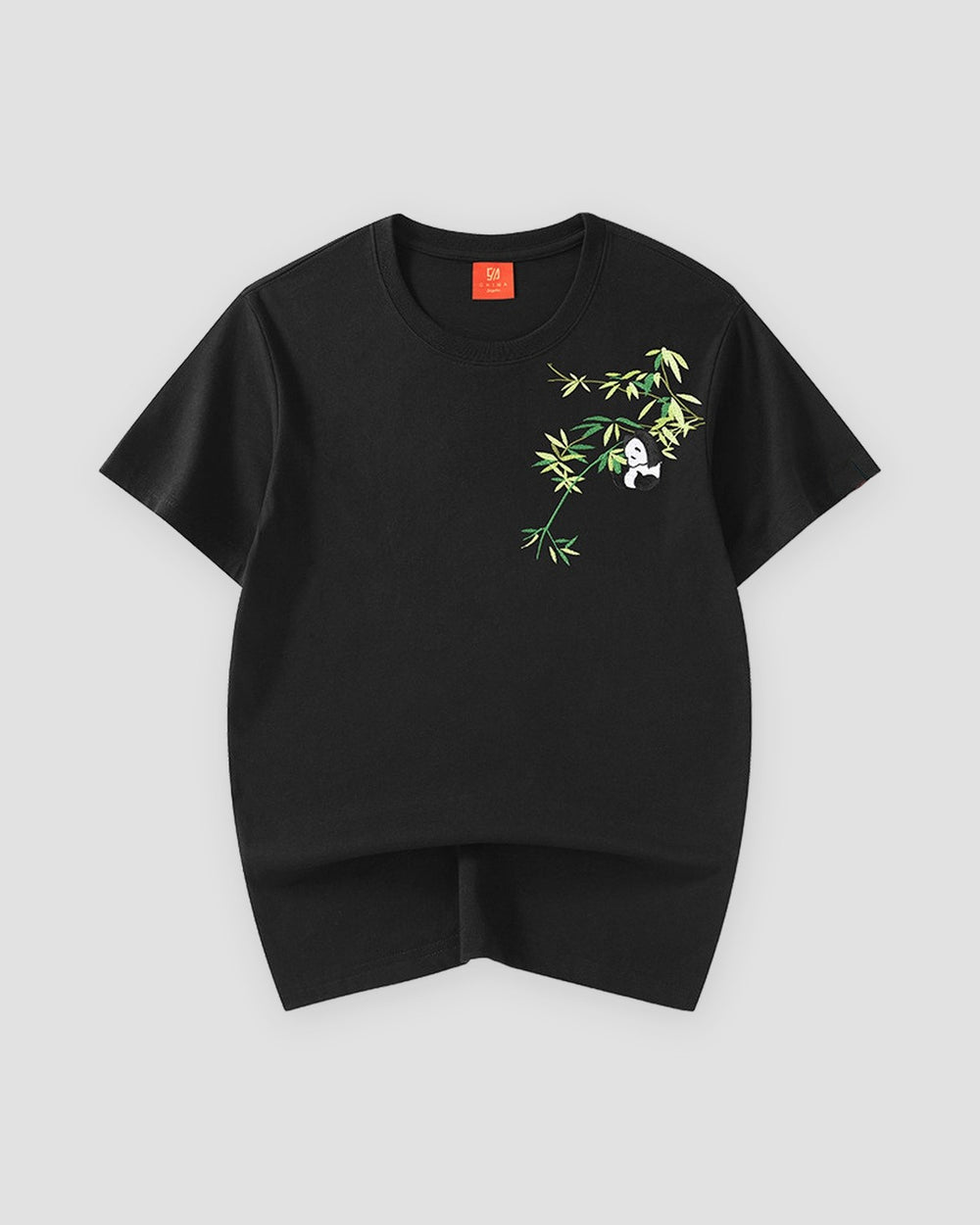 Black cotton T-shirt with a bamboo sprig and a small panda embroidered on the left chest, front view