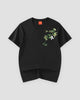 Black cotton T-shirt with a bamboo sprig and a small panda embroidered on the left chest, front view