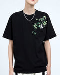 Man in the black embroidered T-shirt, showing the bamboo sprig and panda across the left chest and shoulder