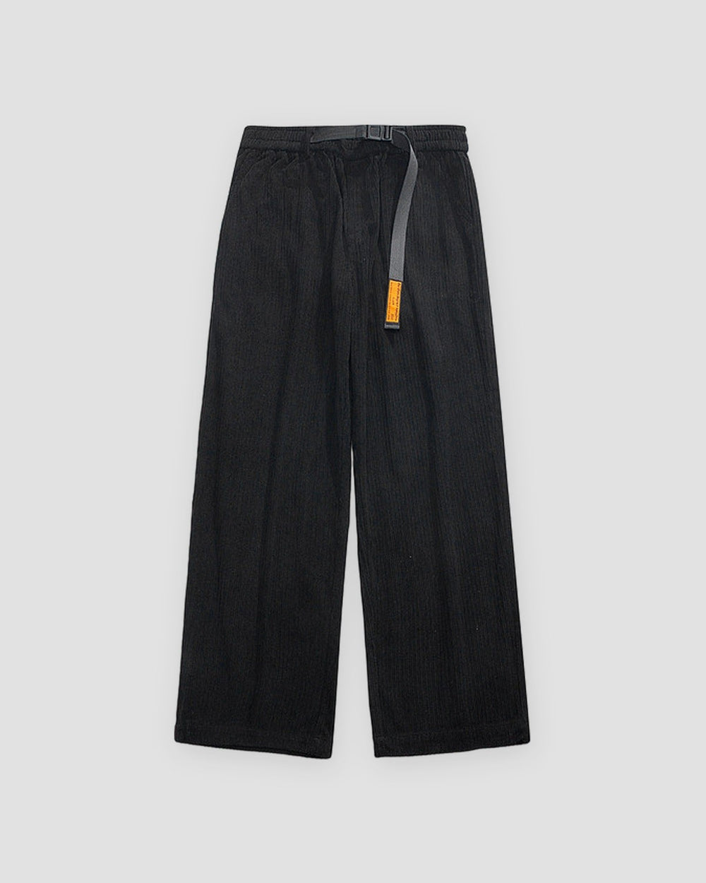 Black corduroy wide-leg pants with a webbing belt and an orange tag, flat view