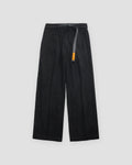 Black corduroy wide-leg pants with a webbing belt and an orange tag, flat view