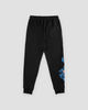 Black jogger pants laid flat from the back with a patch pocket and the wave embroidery