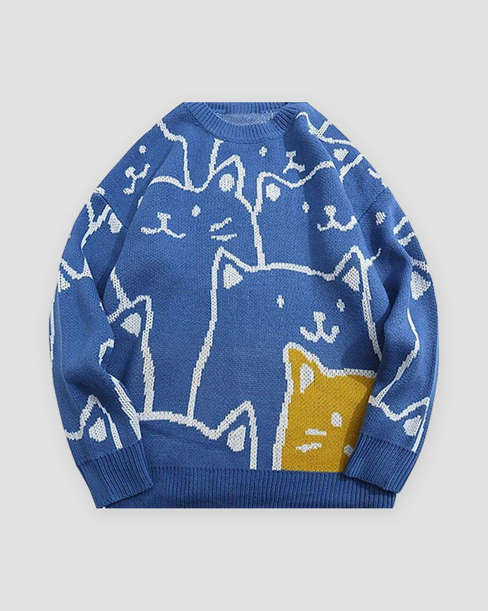Blue knit sweater covered in white line-drawn cat faces with one yellow cat at the lower right, front view