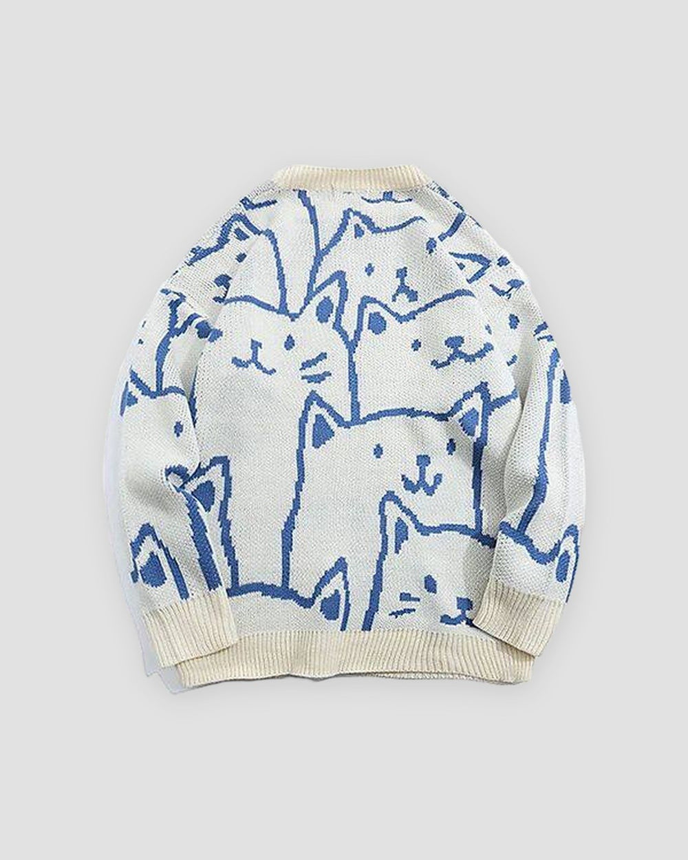 Back of the cream cat face knit sweater, with the crowd of blue line-drawn cats