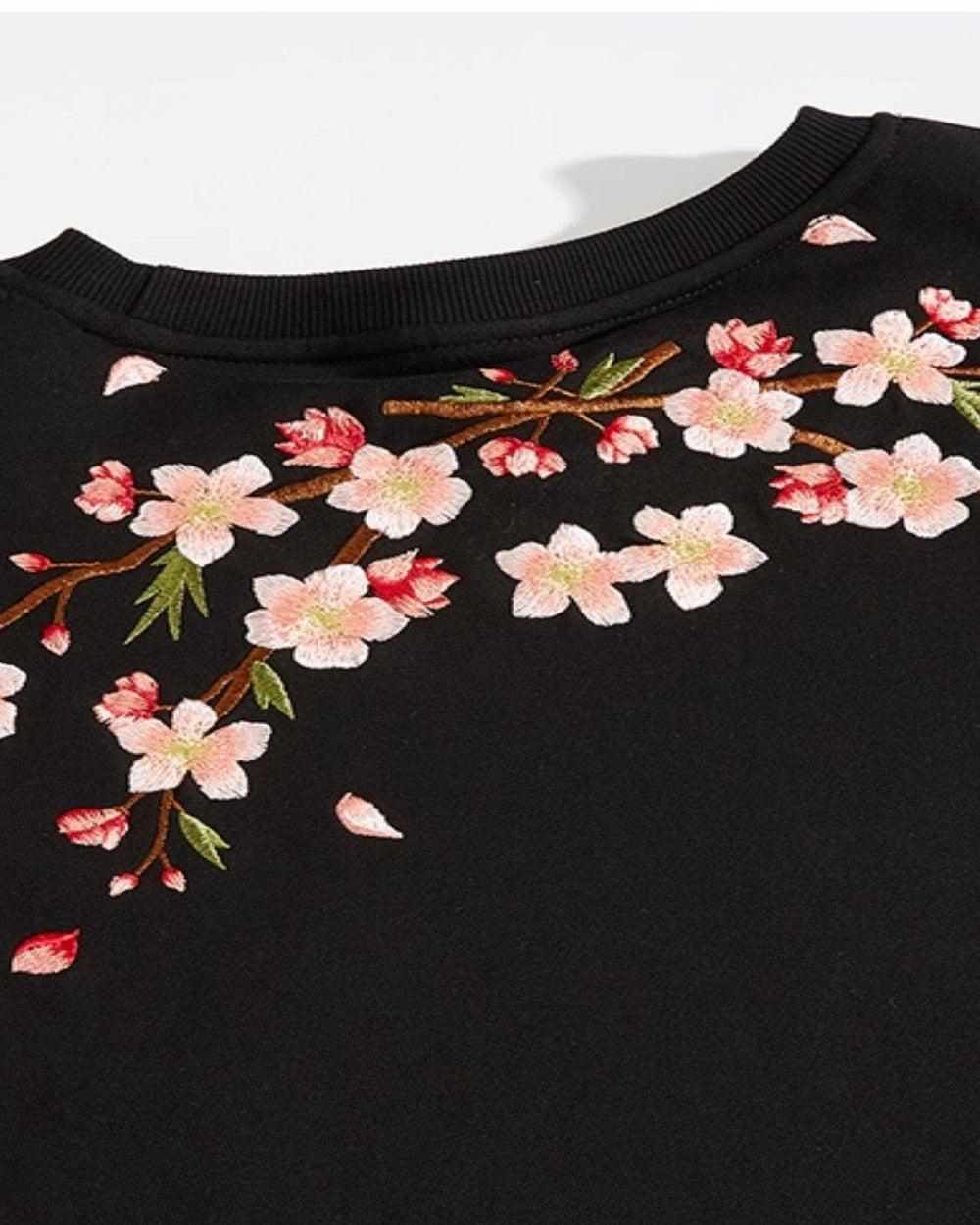 Close-up of the cherry-blossom embroidery on black fabric