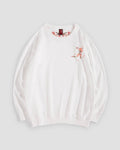 White crew-neck sweatshirt with a small embroidered blossom sprig on the chest, front view