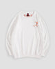 White crew-neck sweatshirt with a small embroidered blossom sprig on the chest, front view