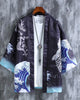 Black haori hanging open over a white tee, with the wave print on both sleeves