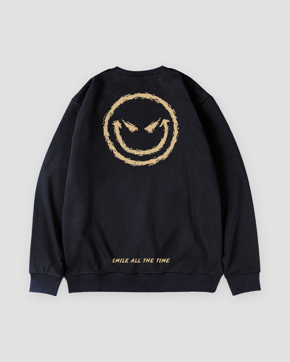 Black crewneck sweatshirt, back view, with the gold devil smiley and SMILE ALL THE TIME near the hem