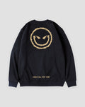 Black crewneck sweatshirt, back view, with the gold devil smiley and SMILE ALL THE TIME near the hem