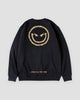 Black crewneck sweatshirt, back view, with the gold devil smiley and SMILE ALL THE TIME near the hem