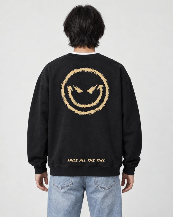 Model seen from behind in the black crewneck sweatshirt with a large gold devil smiley and SMILE ALL THE TIME at the hem