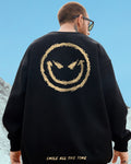 Black crewneck sweatshirt seen from behind with a huge gold devil smiley and SMILE ALL THE TIME near the hem