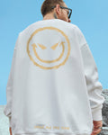 White crewneck sweatshirt seen from behind with a huge gold devil smiley and SMILE ALL THE TIME near the hem
