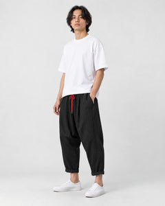 Men's Crinkled Cotton-Linen Harem Pants with Red Drawcord