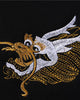 Close view of the small gold and white dragon head embroidered on the left chest of the black sweatshirt
