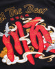 Close-up of the red character, cranes and gold-thread script embroidered on the back of the black T-shirt