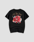 Black cotton T-shirt with a large red embroidered character, two white cranes and clouds on the back